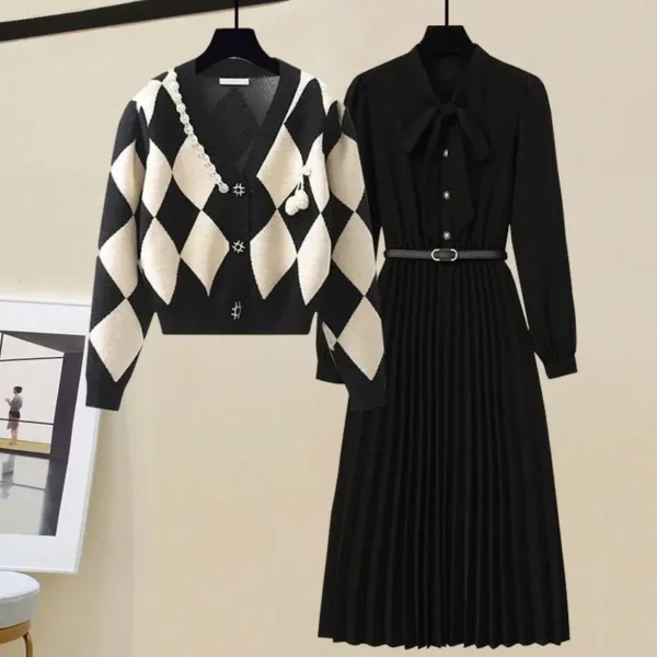 Women's Vintage Elegant Casual Knitted Cardigan Coat Versatile Slim Mid Length Dress Two Piece Set