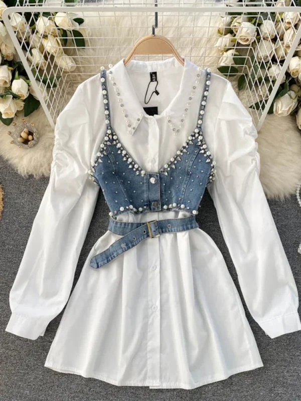 Spring Autumn Female Lapel Beaded Stacking Bead Sling Waistcoat korean Fashion Two-piece Shirt