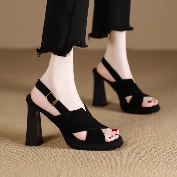 2024 Summer New One-button Sandals, Thick Open Toe Sexy Black Professional 9cm High Heels, Temperament Female Sandals 5