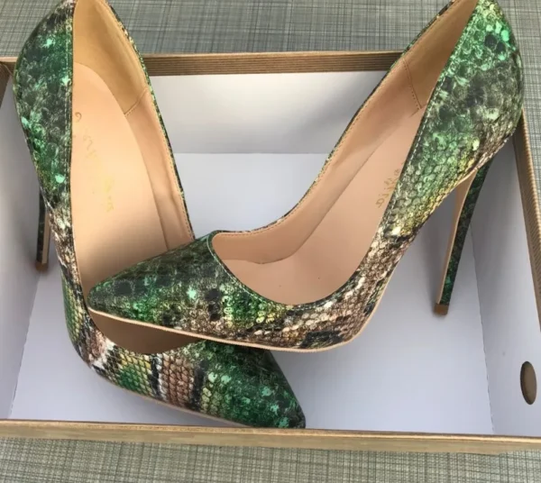 stilettos 12cm wedding shoes Green snake pattern woman shoes 2