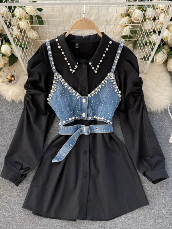 Spring Autumn Female Lapel Beaded Stacking Bead Sling Waistcoat korean Fashion Two-piece Shirt 5