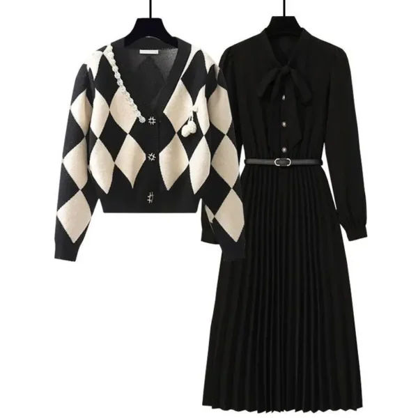 Women's Vintage Elegant Casual Knitted Cardigan Coat Versatile Slim Mid Length Dress Two Piece Set 4