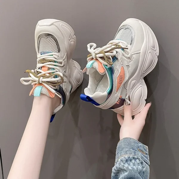 Women High Platform Breathable Casual Shoes Summer Lace-up Chunky Sneakers 10CM Wedges 3