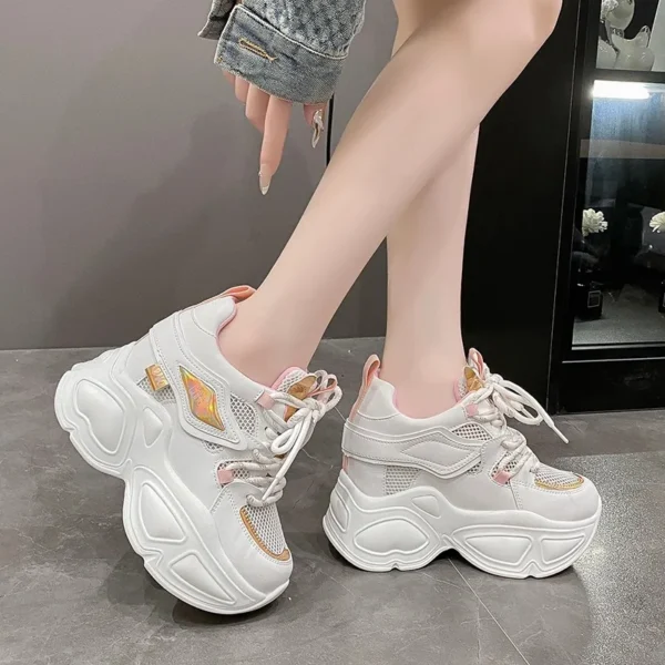 Women High Platform Breathable Casual Shoes Summer Lace-up Chunky Sneakers 10CM Wedges 5