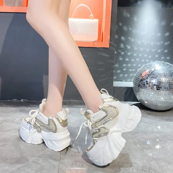 Spring Autumn New Women Bling Chunky Sneakers Breathable Mesh Casual Shoes 8CM Wedge Heels 4