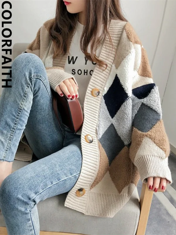 Plaid Chic Cardigans Button Puff Sleeve Checkered Oversized Women's Sweaters Winter Spring Sweater Tops SW658