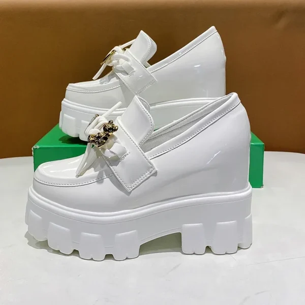 Women Chunky Sneakers 2024 Autumn 9.5CM High Heels Casual Shoes Thick Soled Slip-on Leather Shoes Wedge Platform