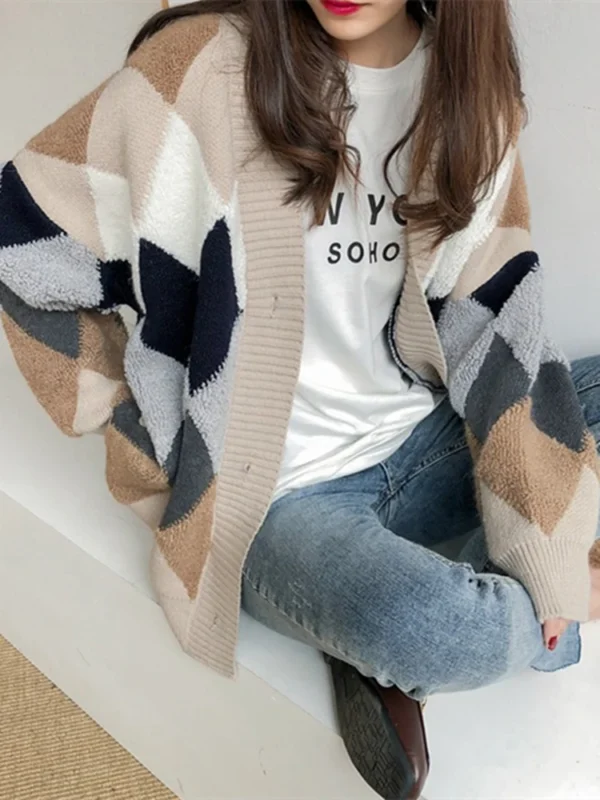 Plaid Chic Cardigans Button Puff Sleeve Checkered Oversized Women's Sweaters Winter Spring Sweater Tops SW658 2