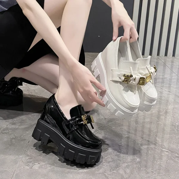 Women Chunky Sneakers 2024 Autumn 9.5CM High Heels Casual Shoes Thick Soled Slip-on Leather Shoes Wedge Platform 6