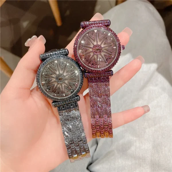 Cacaxi Brand Women Quartz Watches Full Diamond Rotating Dial Wristwatch Relojes Mujer Lady Purple Watch Relogio Feminino 2