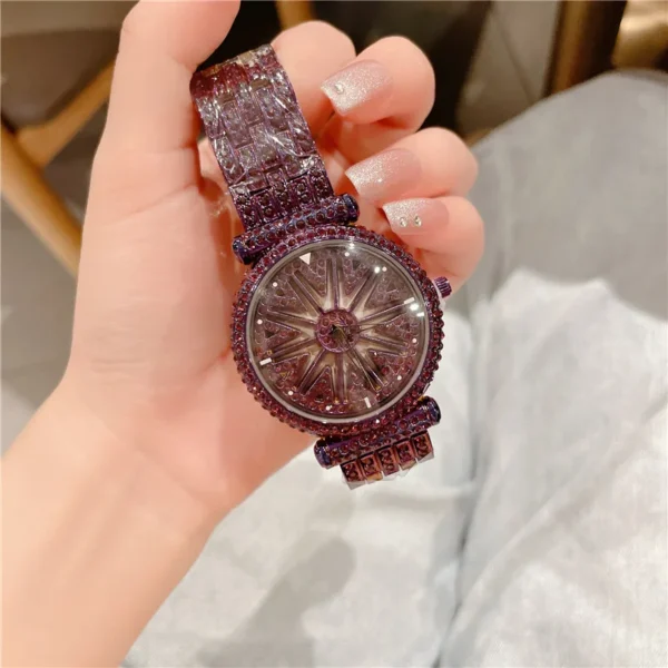 Cacaxi Brand Women Quartz Watches Full Diamond Rotating Dial Wristwatch Relojes Mujer Lady Purple Watch Relogio Feminino 6